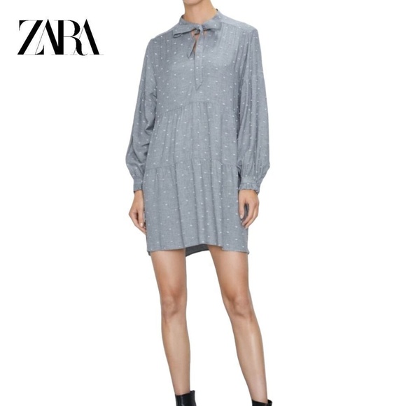 Women's Zara Swiss Dot Mini Shirt Dress w Tie Neck | Color: Gray | Size: S - Picture 1 of 8